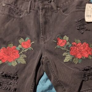 PacSun Black Jean shorts with Red Floral Embroidery
